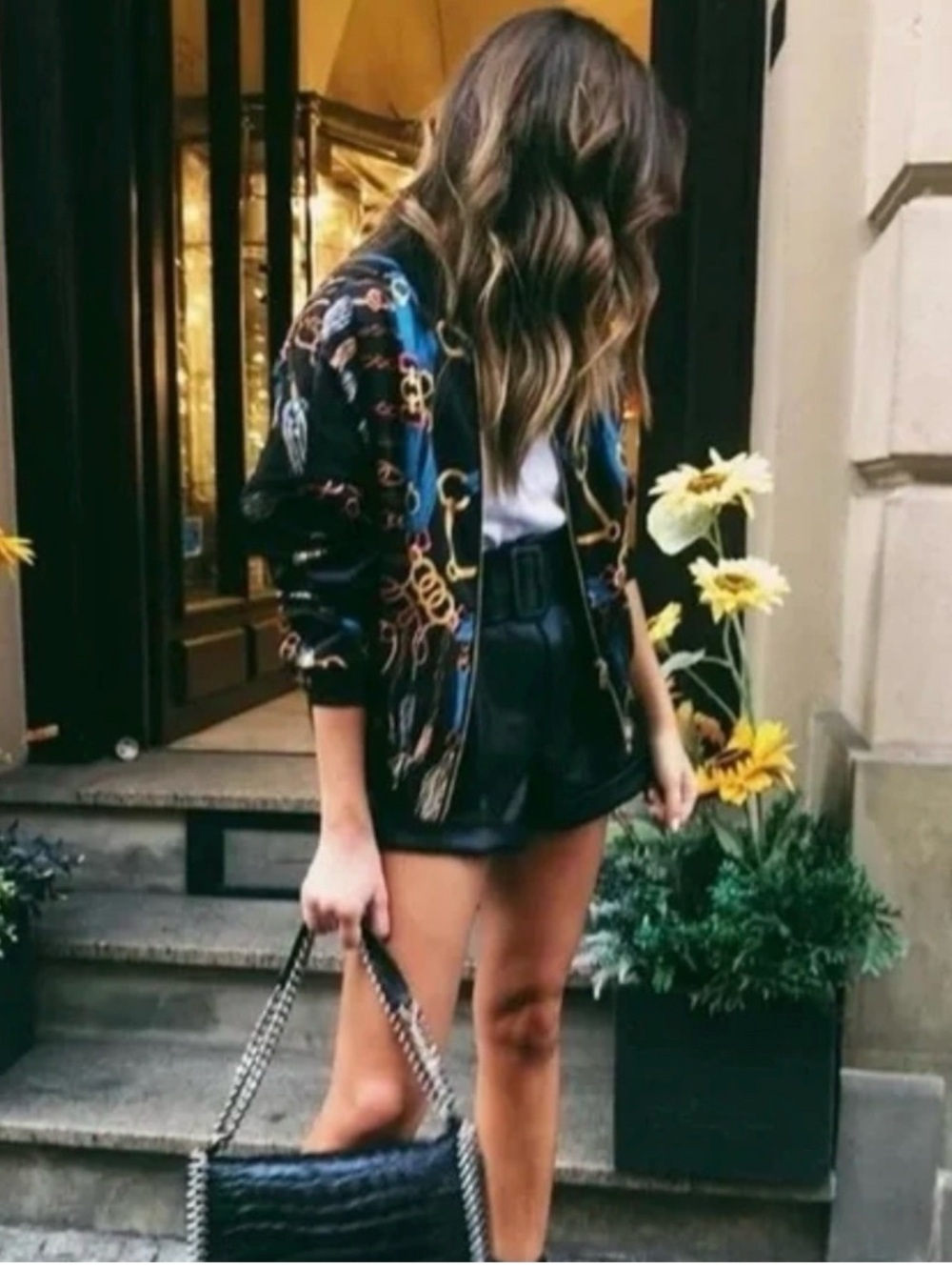 Zara Black Bomber Jacket with Gold & Blue Chain Print